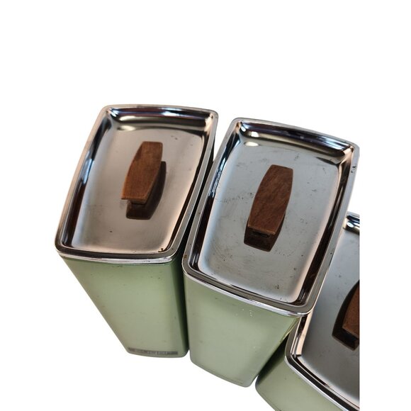Vintage Green Metal Canister Set For Tea Coffee & Sugar With Chrome Lids Mid-Cen - Picture 8 of 16